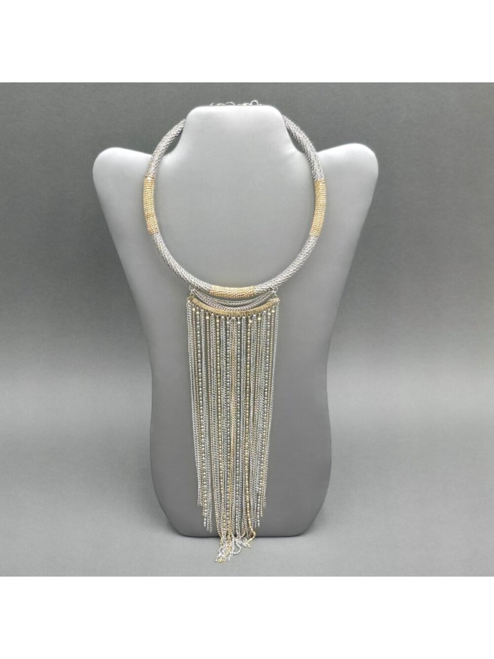 Vintage Two Tone Metal Mesh Collar Necklace Gold Silver Waterfall Fringe Choker